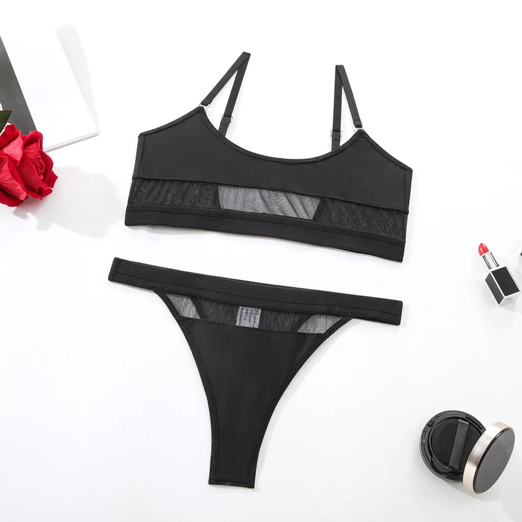 Black women's bra and pants underwear set with full cup and double shoulder straps.