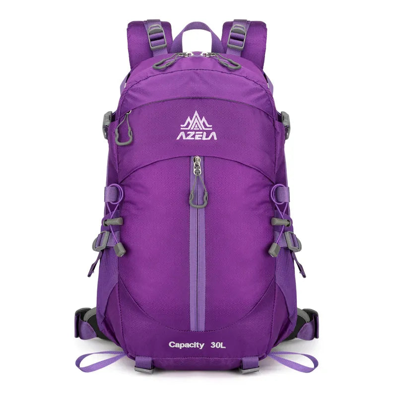 AZELA 30L outdoor hiking backpack with adjustable straps in black, blue, grey, purple, sunset red or yellow