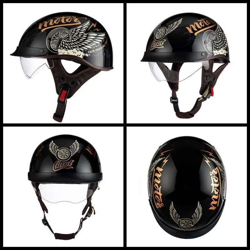 Retro full-face electric motorcycle helmet in Bright Black with visor and chin strap
