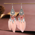 Feather-shaped alloy drop earrings with leaf patterns in electroplated colours for bohemian style