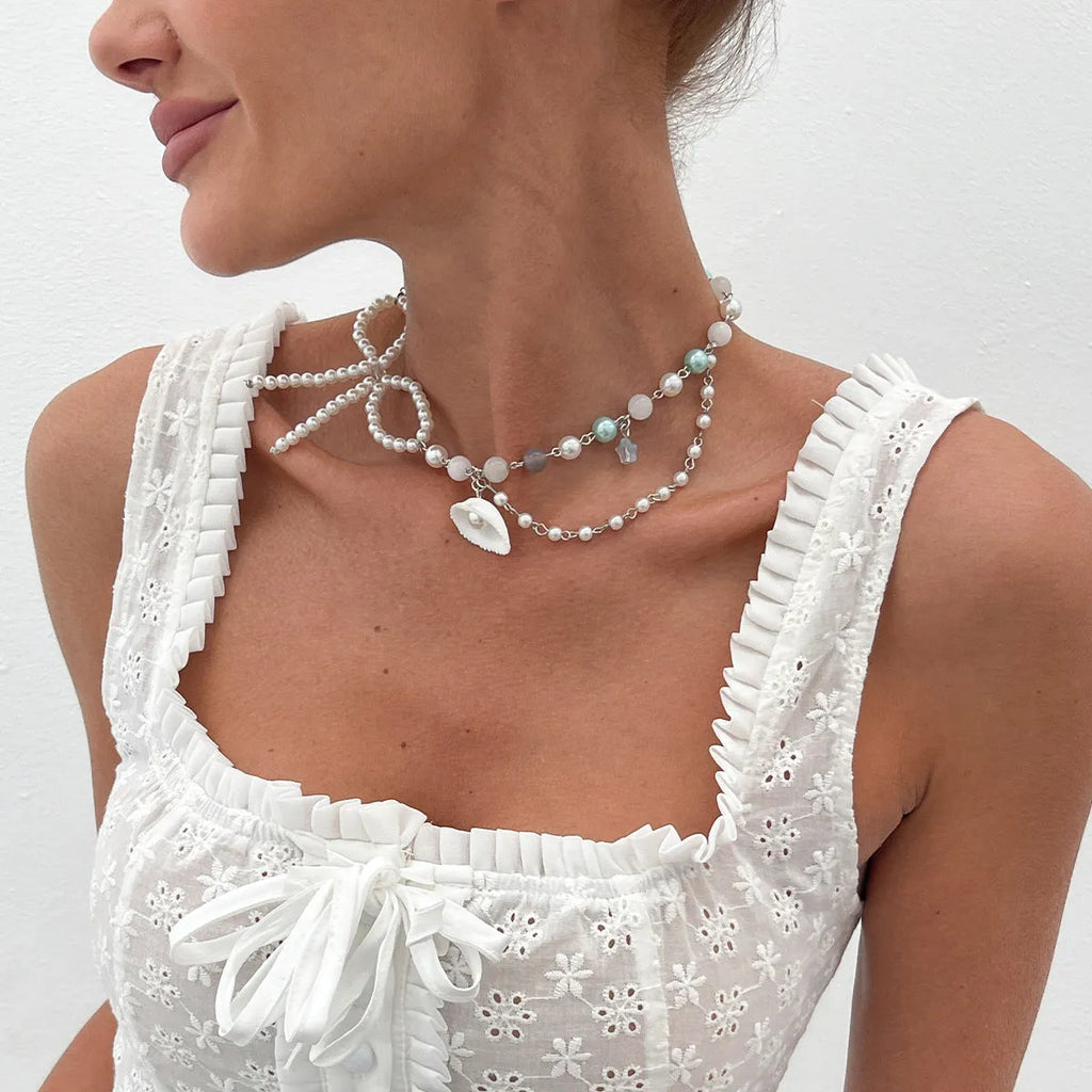 French pearl light luxury clavicle ocean necklace for women, shell element geometric shape, gold colour, adjustable chain 41-50cm