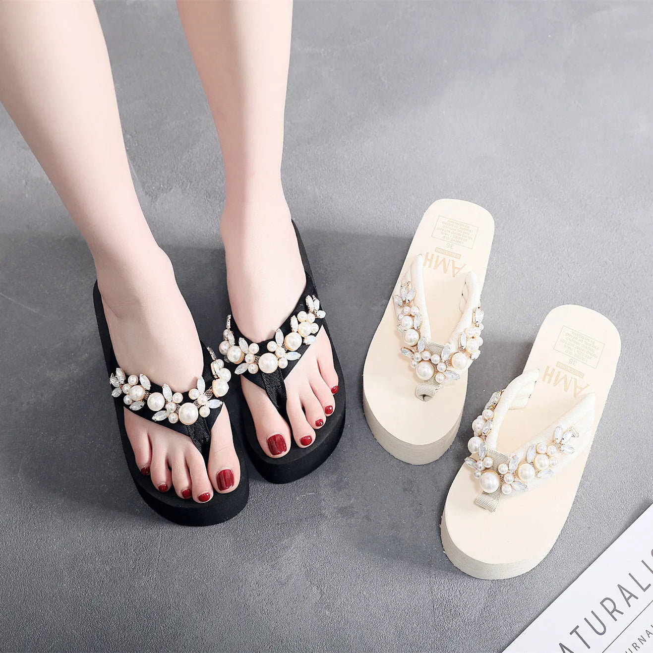 Women's high-heeled flip-flop sandals with cotton cloth upper in beige and black colour options.