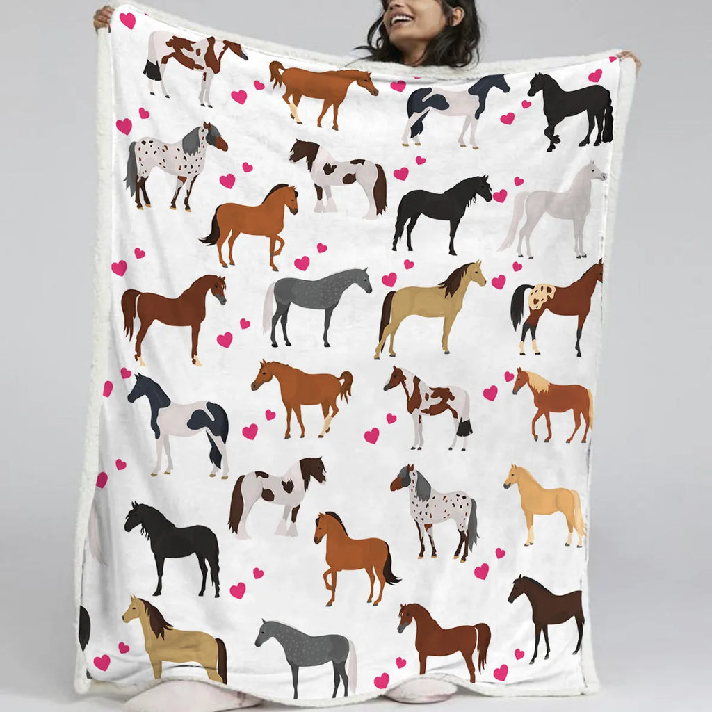 White pet themed lamb wool blanket with red heart and horse design, available in 130x150cm and 150x200cm.