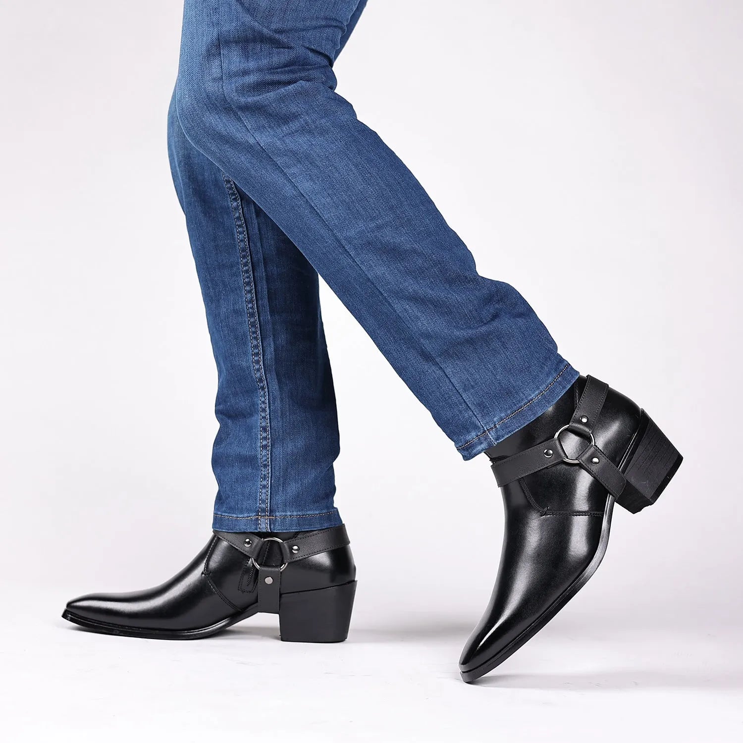 Black unisex chain ankle boots with side zipper, square toe, and high heel.