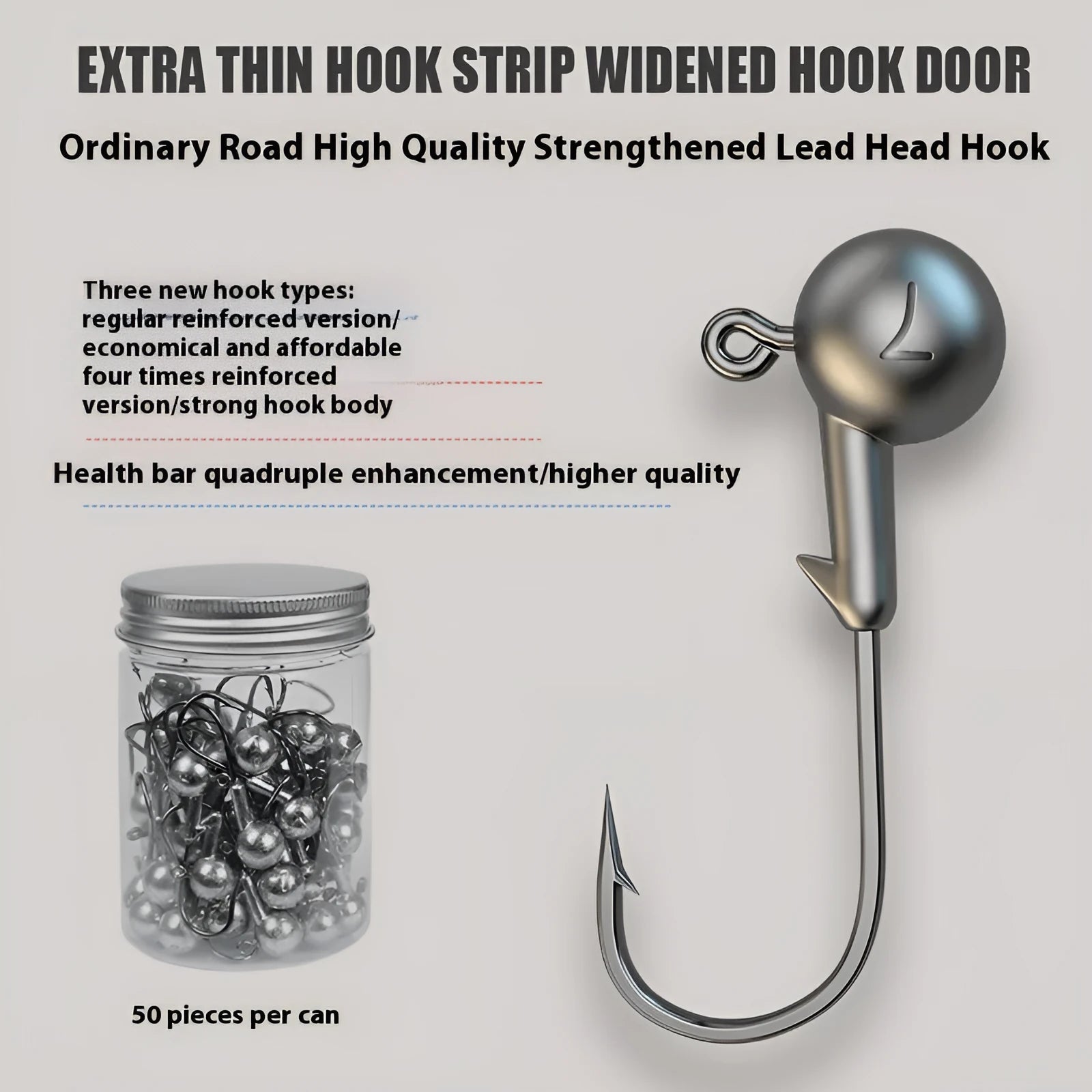 Set of 50 enhanced strength fishing jig hooks in primary colours with four times increased construction