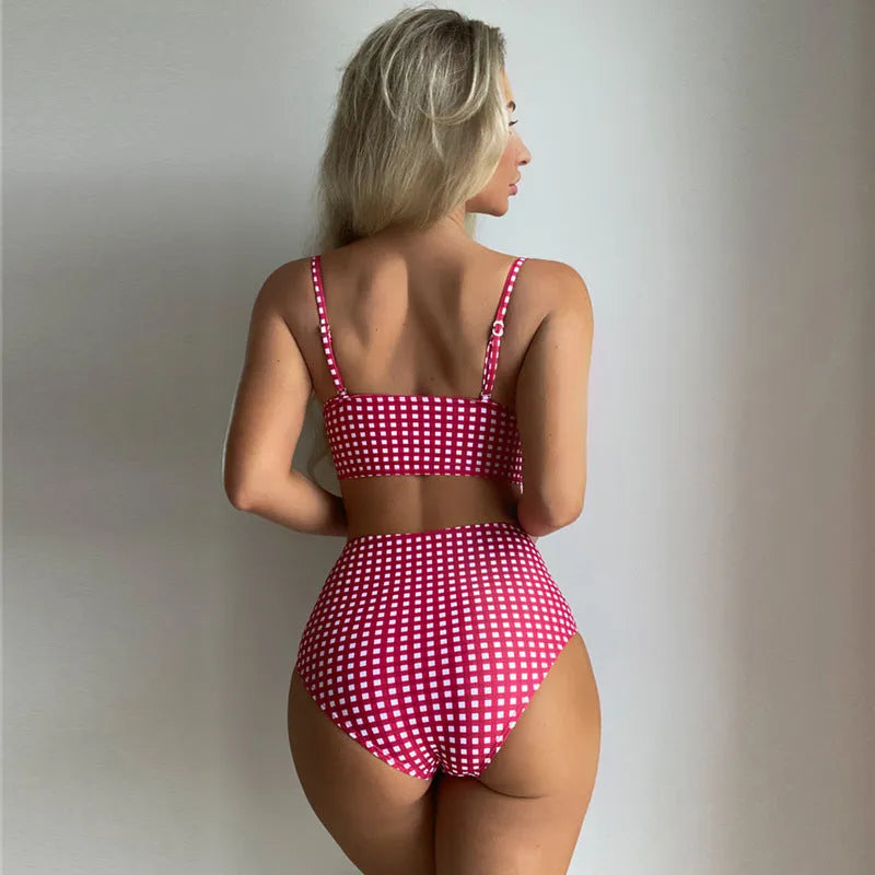 Women's plaid high-waist bikini swimsuit in rose red, black, blue, or sky blue with polyester lining