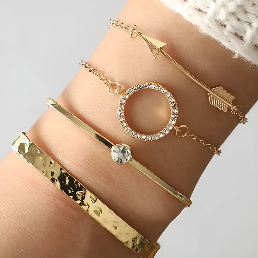 Women's 4 piece rhinestone round arrow bracelet set in electroplated alloy, European and American style