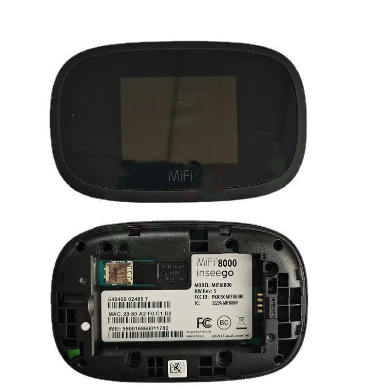 Black mifi8000 4G portable wireless router showing its compact size next to a data cable.