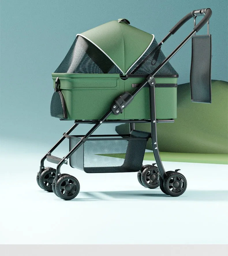 Black folding pet cart with large capacity interior and detachable metal frame design