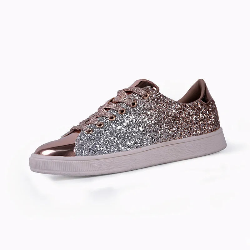 Women's casual low-top sequin shoes in gold with lace-up front and round toe.