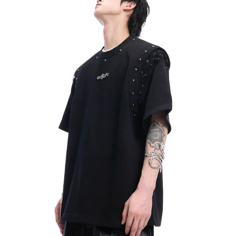 Black deconstruction lace-up cutout short sleeve t-shirt on a hanger