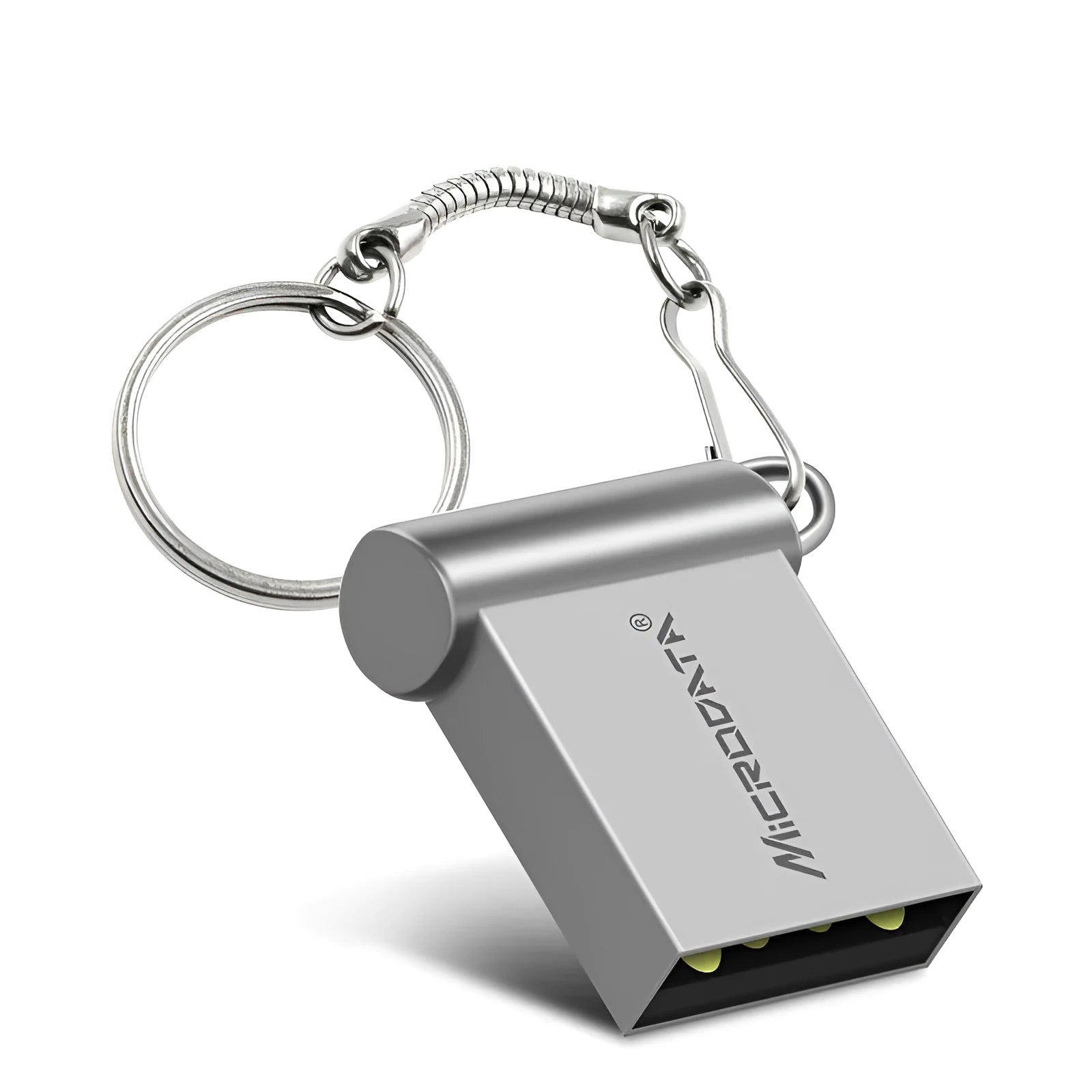 Silver car-shaped metal USB flash drive on a black lanyard chain.