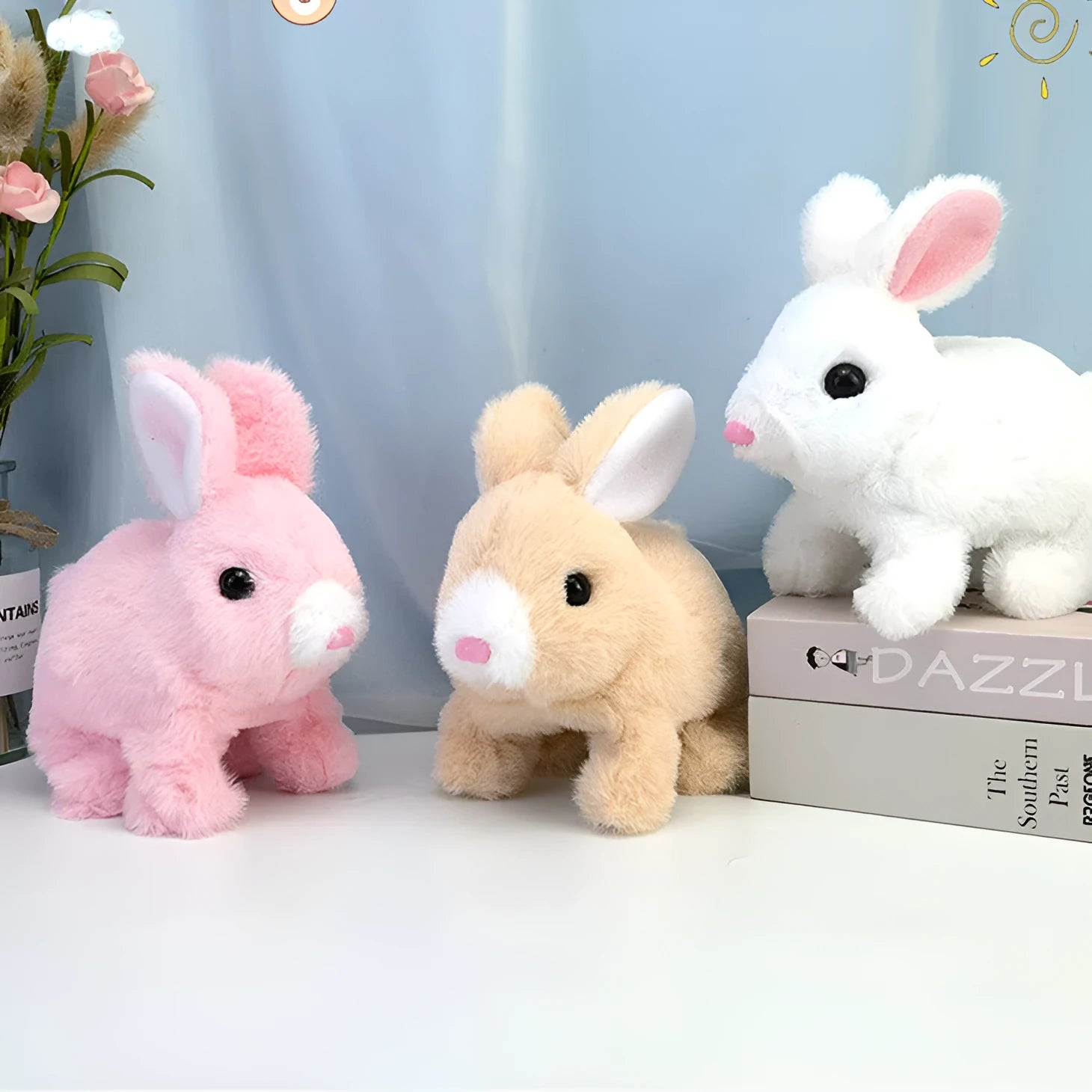 Plush electric rabbit toy with long hair, walking, moving mouth, shaking ears, colour match gray