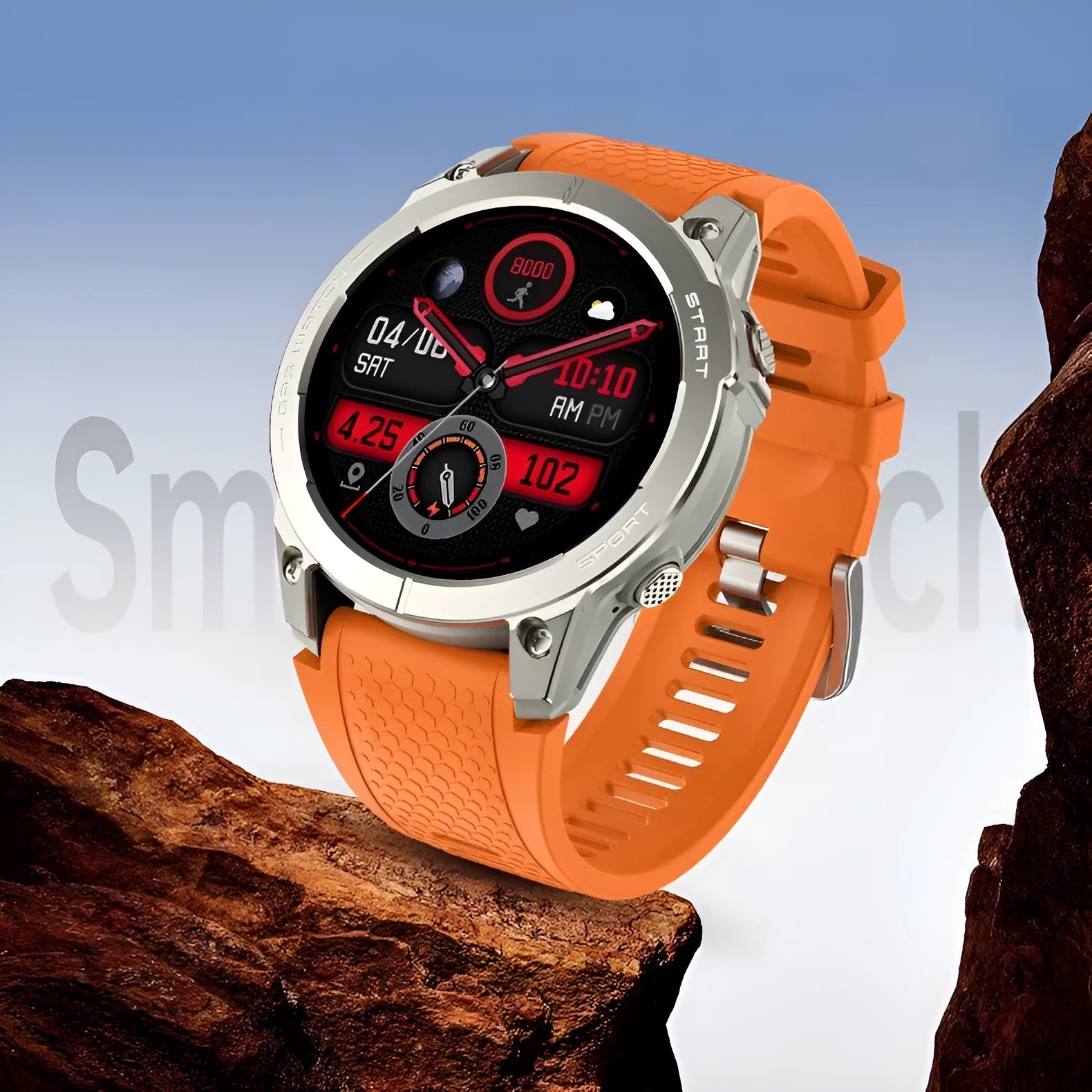 S53 outdoor GPS sports smart watch with black zinc alloy frame and silicone wristband showing 1.43-inch IPS display