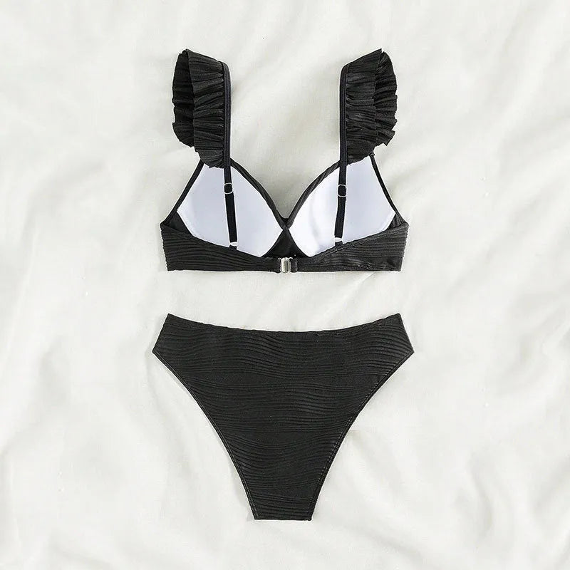 Women's solid colour bikini swimsuit in black or khaki with polyester fabric
