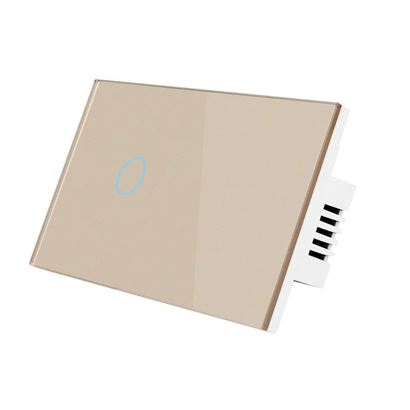 White smart touch light switch with tempered glass panel and silver frame on a wall.