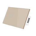 White smart touch light switch with tempered glass panel and silver frame on a wall.