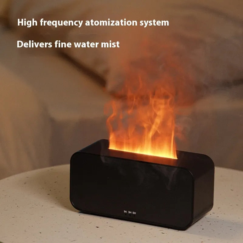 White USB aromatherapy flame diffuser humidifier with mood lighting on a wooden table.