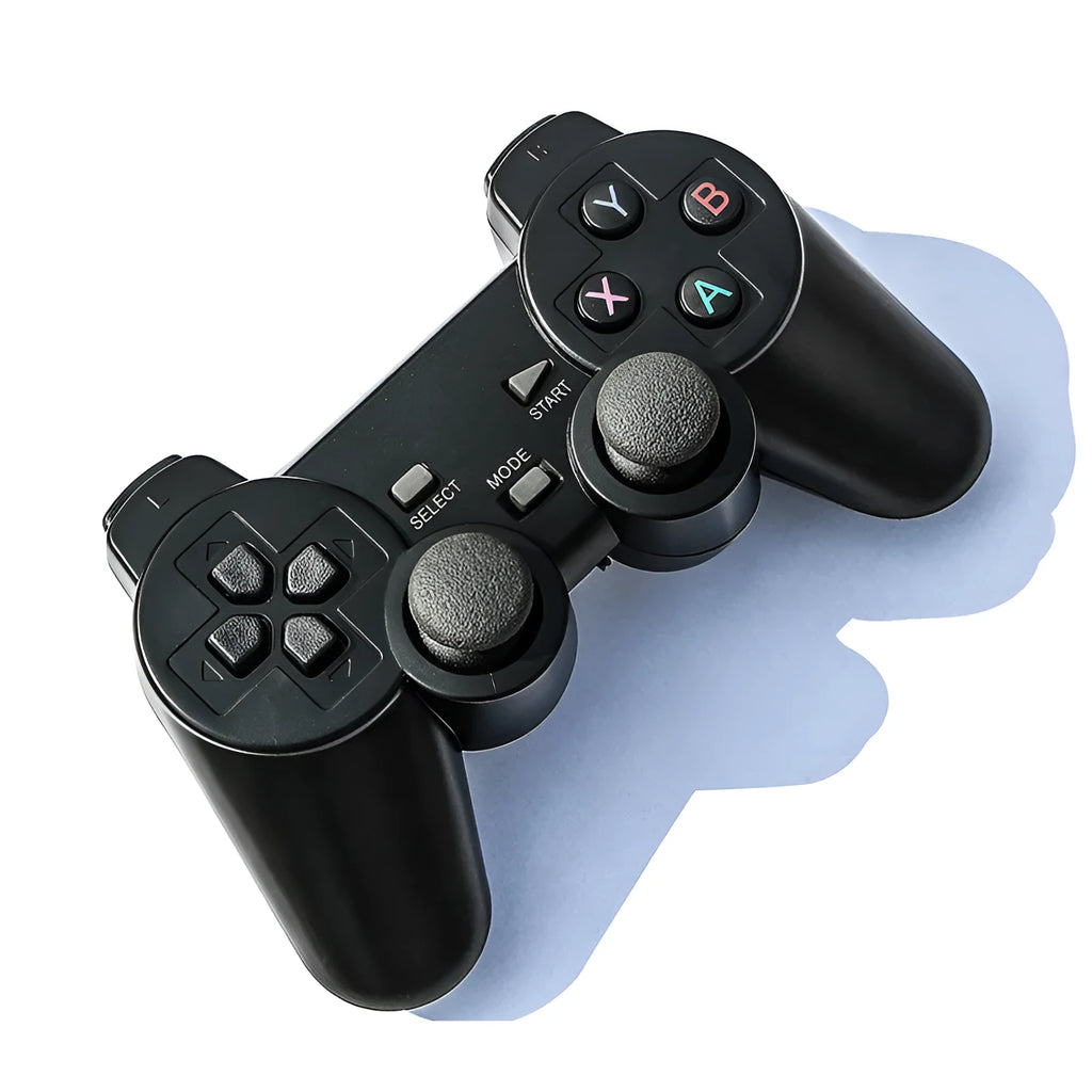 Classic black wireless 2.4G gamepad with USB receiver on a dark surface.