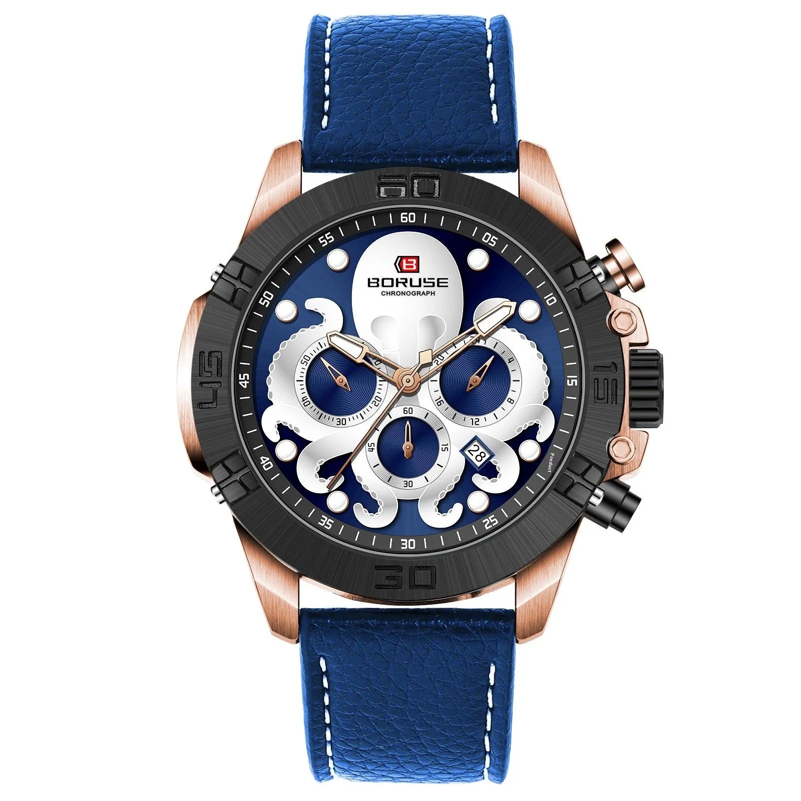 Octopus waterproof men's watch with luminous display and 13mm thickness in black or blue colour options