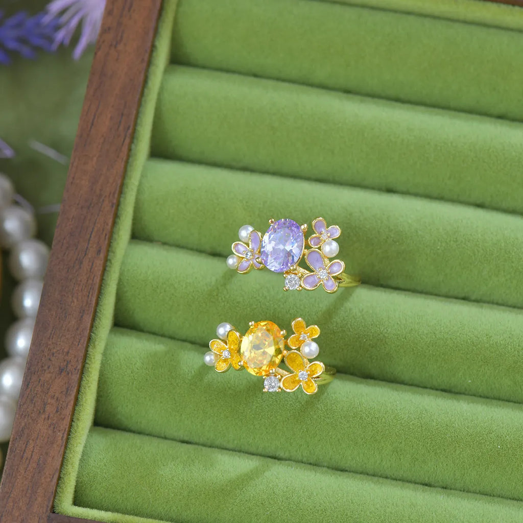 Women's flower pearl open ring with zircon stones in light purple colour