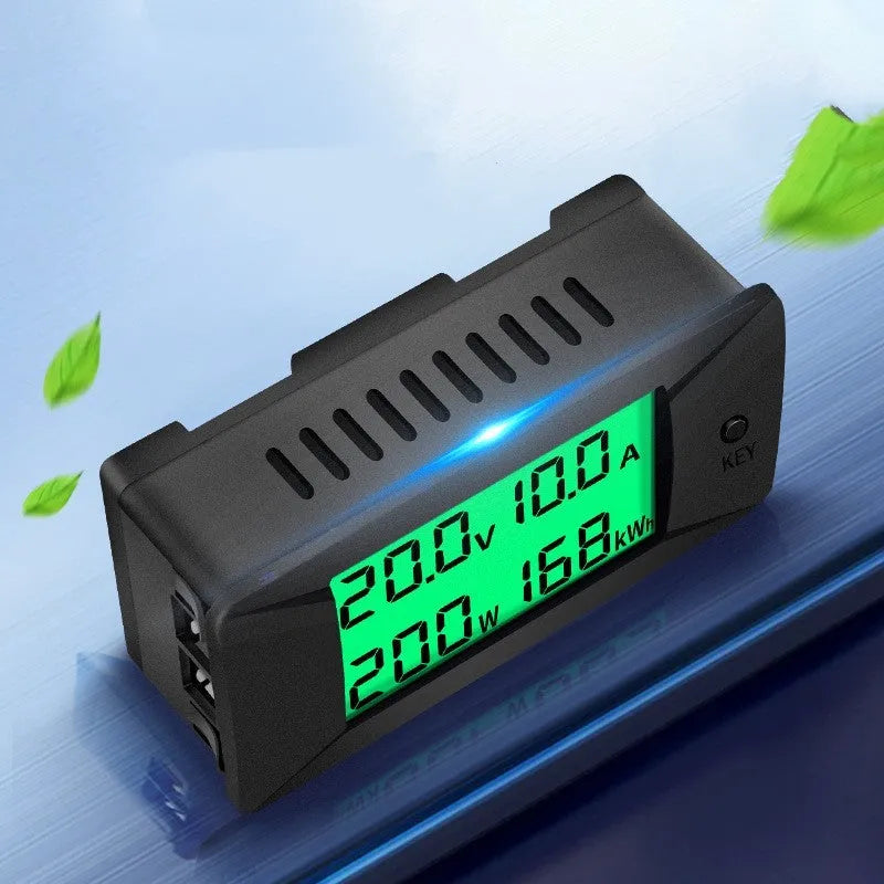 DC digital display voltmeter and ammeter with wiring, compact black housing.