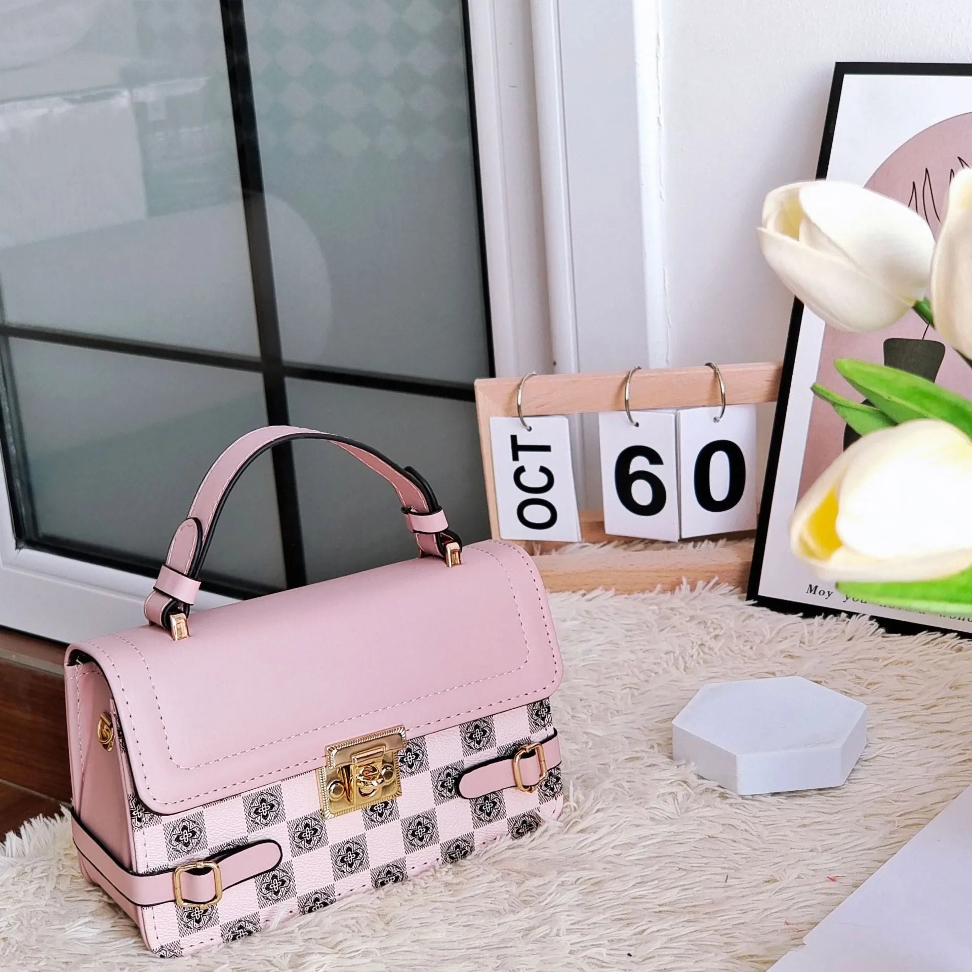 Retro small square pattern ethnic crossbody bag in apricot colour with floral stitching.