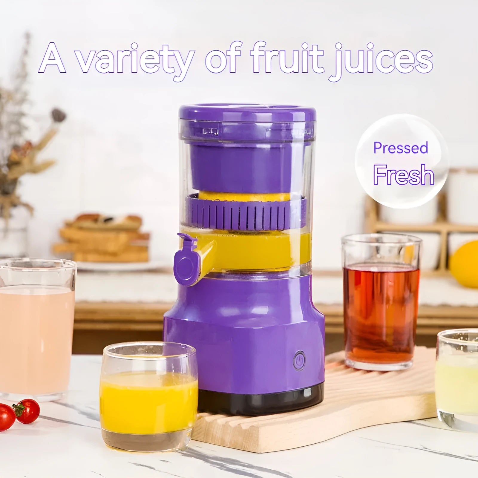 Purple USB rechargeable electric citrus juicer with detachable jug on a kitchen counter.