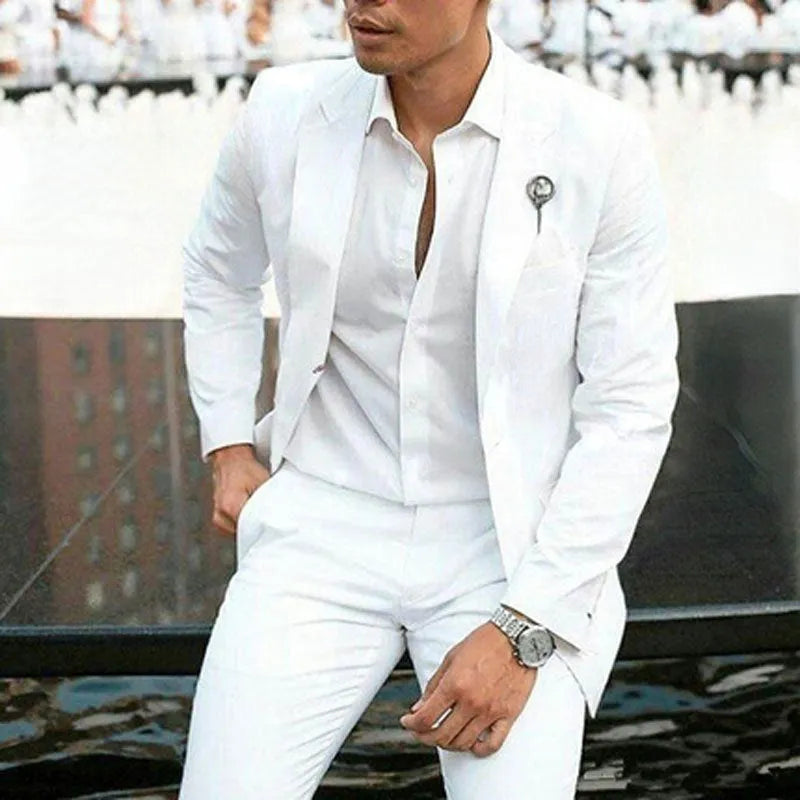 White men's slim fit two-piece wedding suit with jacket and trousers for formal ceremonies