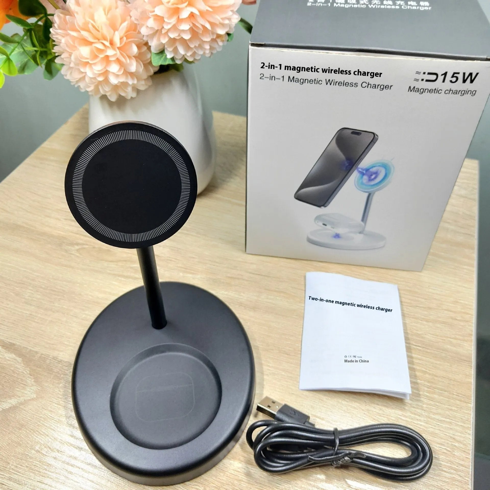 White vertical wireless charging stand for phone with visible cooling holes, showing phone charging in upright position.