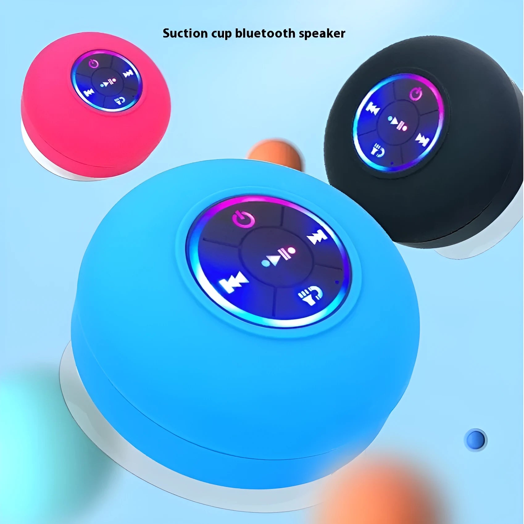 BTS07 waterproof Bluetooth speaker with suction cup mounted on car dashboard showing six colour options