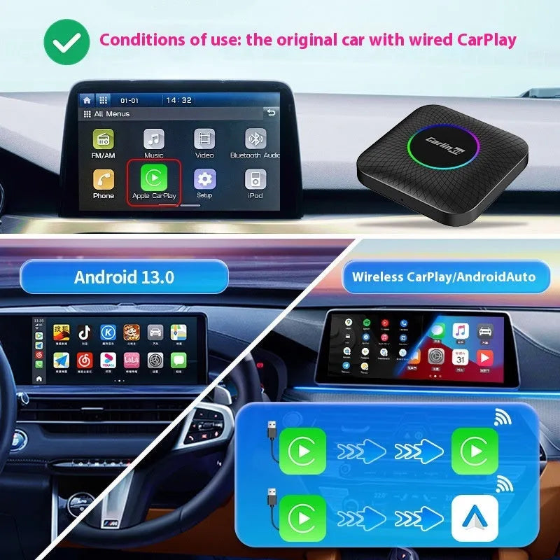 Carplay smart car networking box wired to wireless Qualcomm Eurasian version with two data cables