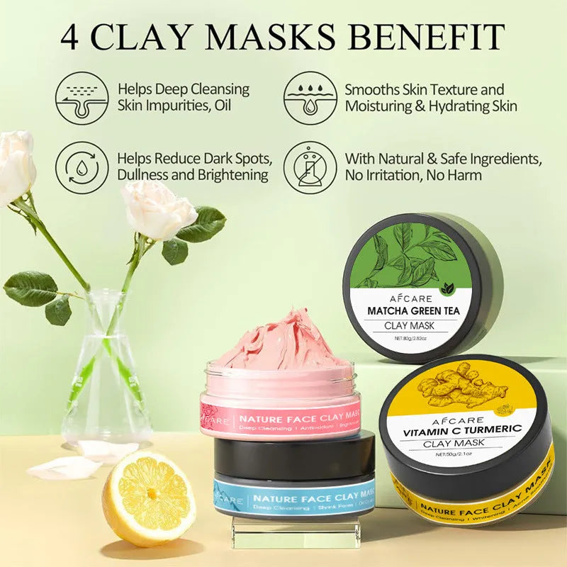 Four jars of clay facial masks: Dead Sea mud, green tea, turmeric, and rose clay in an 80ml 4-pack set.