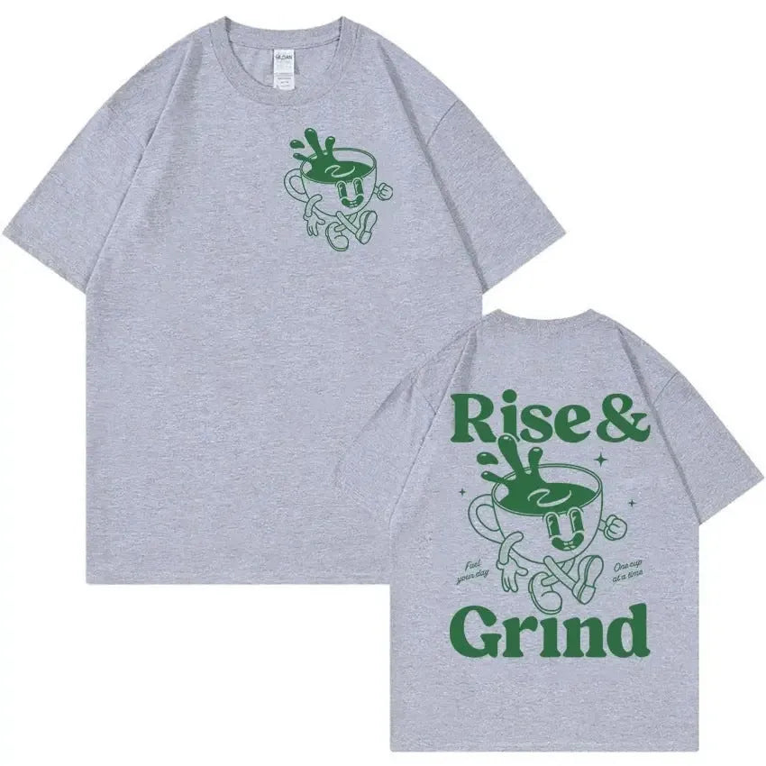 Man's loose-fit cartoon graphic t-shirt in linen blend fabric, showing the 'Rise And Grind Green Coffee' print.