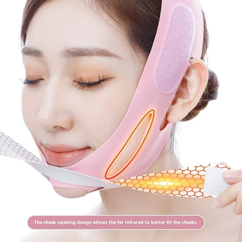 Pink and black elastic V-shaped face bandage facial care tool on a white background.
