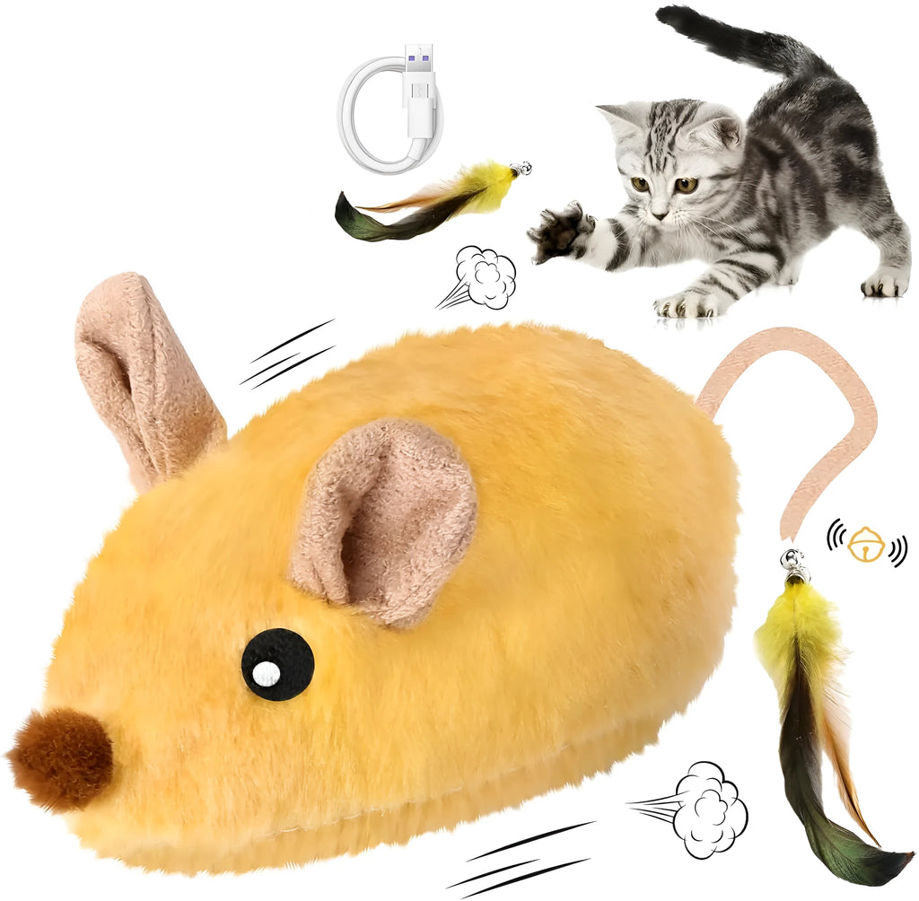 Grey and yellow rechargeable automatic moving cat toy with feather tail and LED lights