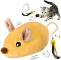 Grey and yellow rechargeable automatic moving cat toy with feather tail and LED lights