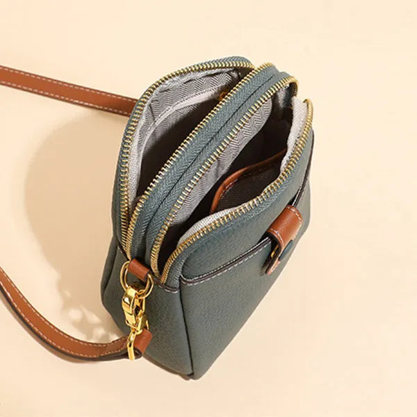 Lychee pattern top layer cowhide leather small crossbody mobile phone bag with coin purse, 14cm x 8.5cm x 18cm, cream colour
