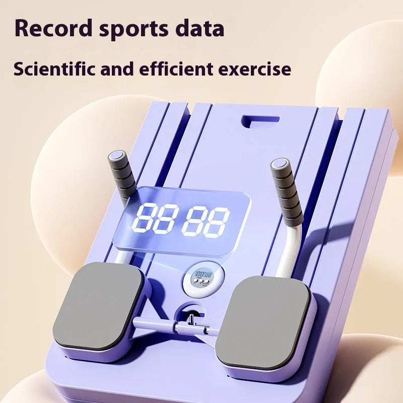 Purple multi-functional fitness board with automatic rebound abdominal wheel for home exercise.