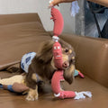 Brown sausage chew toy sewn into a 108cm soft rope dog lead with a grip tape section.