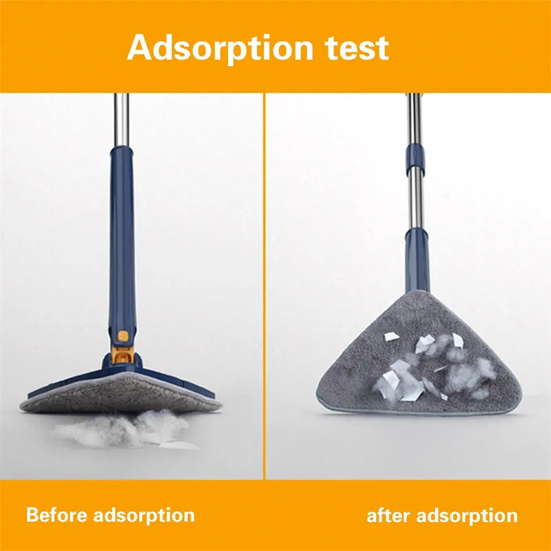 Blue triangle cleaning mop with 360° rotating head and extendable stainless steel pole