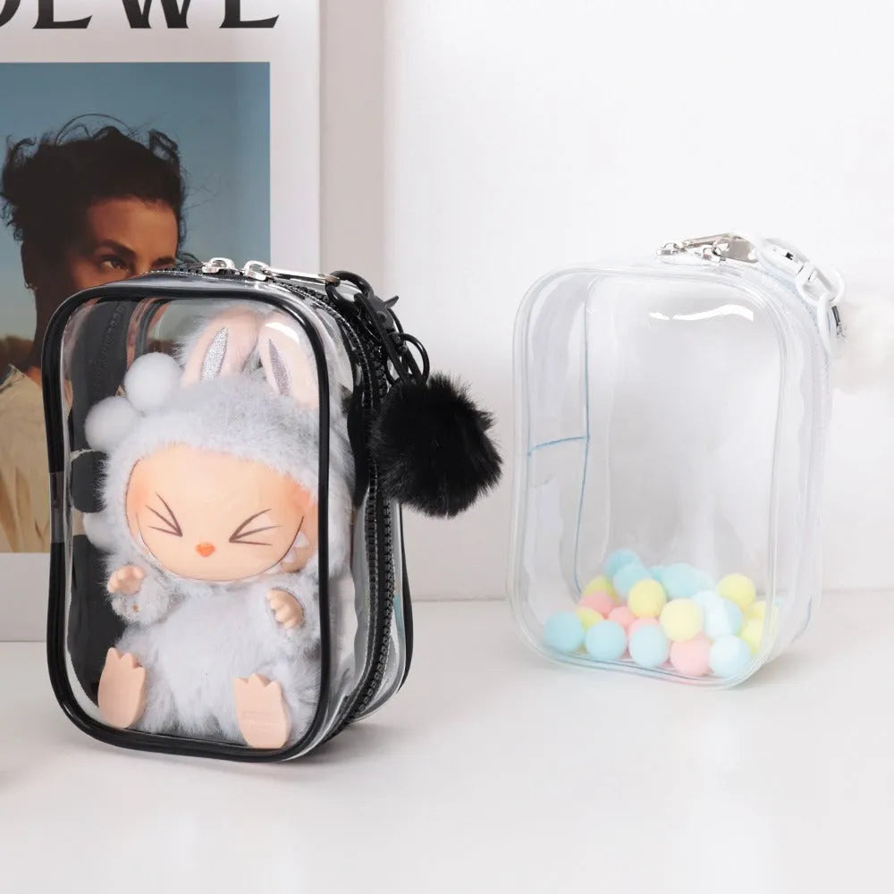 PVC transparent makeup bag set showing three semi-transparent bags in L and XL sizes
