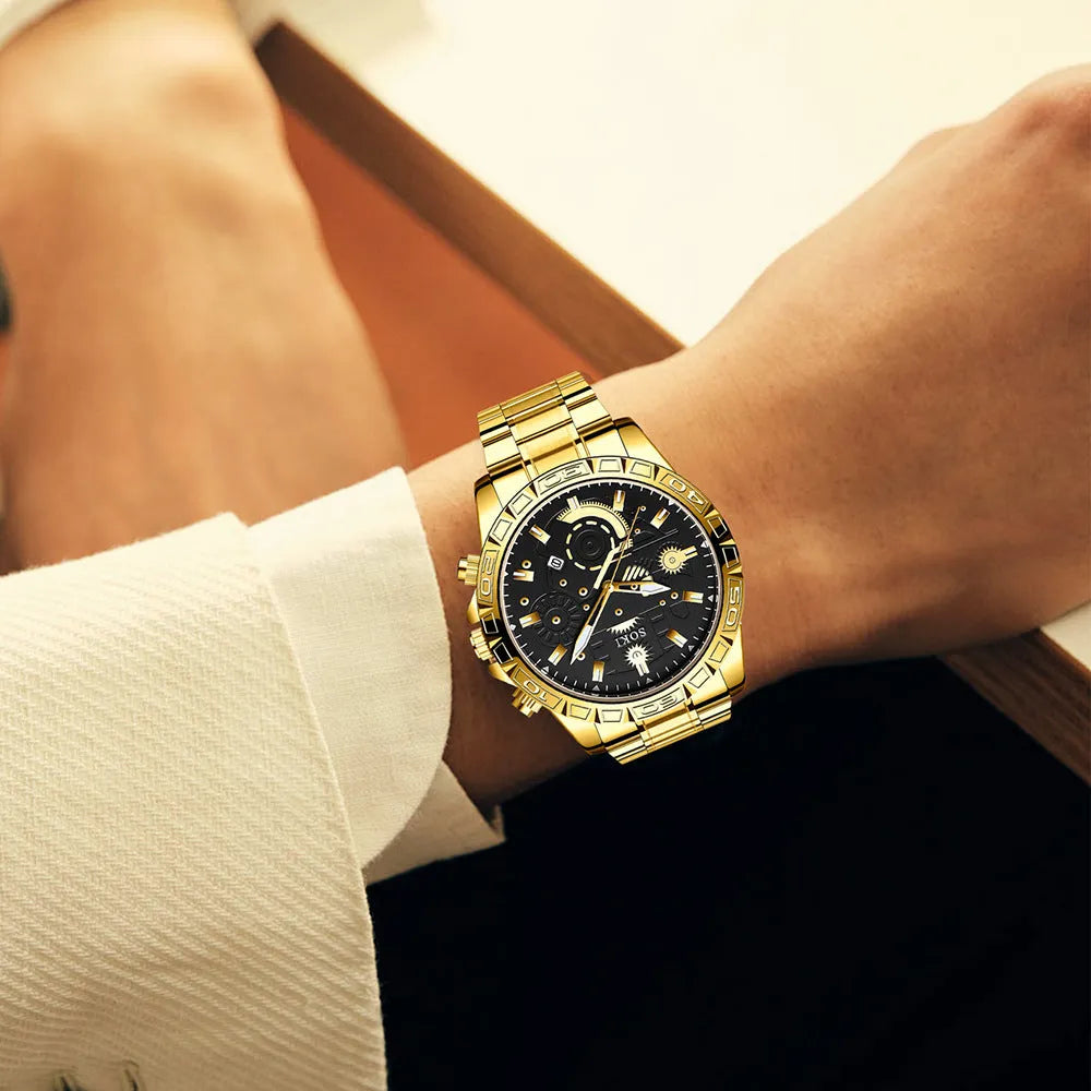 Men's gold-colour stainless steel business quartz wristwatch on a bracelet.