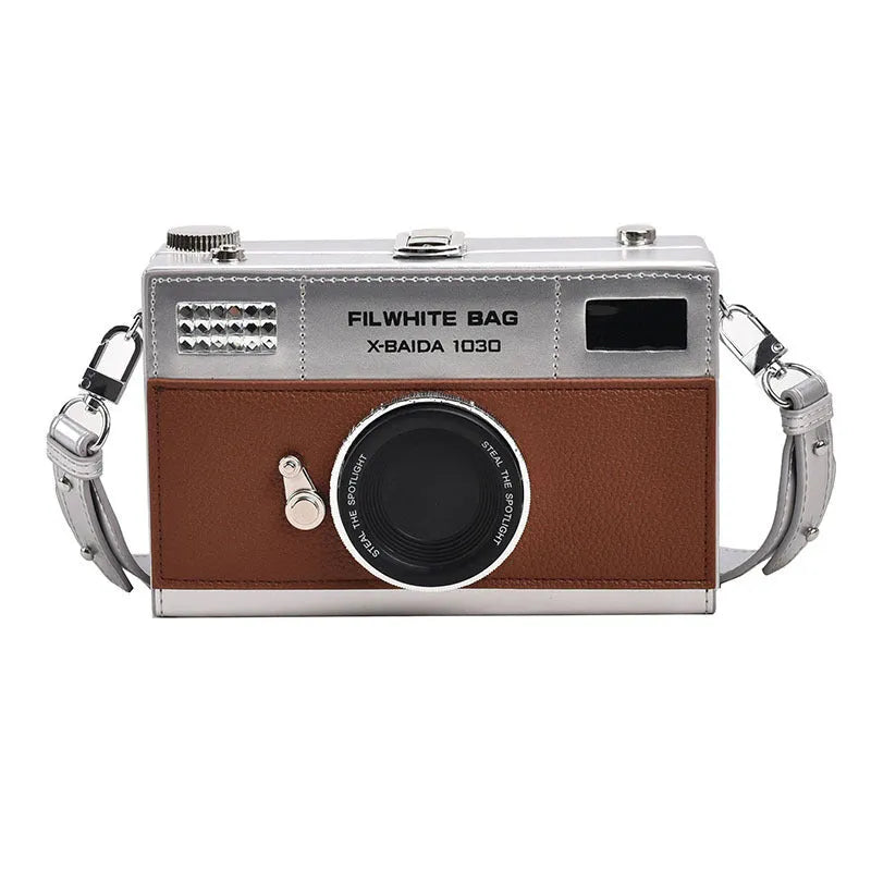 Mini crossbody camera bag in horizontal square shape with chain shoulder strap