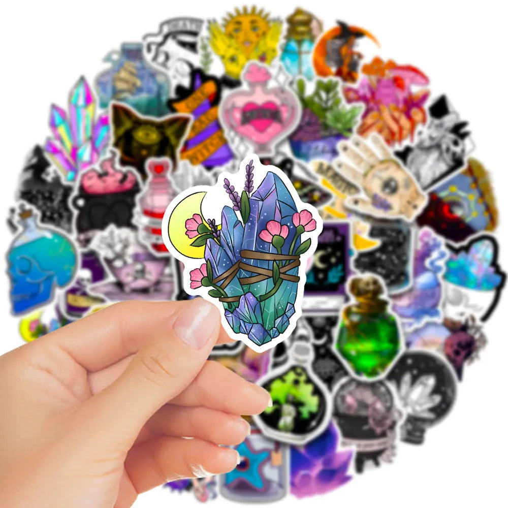 A pack of 50 colourful waterproof PVC graffiti stickers in various sizes from 3cm to 8cm.