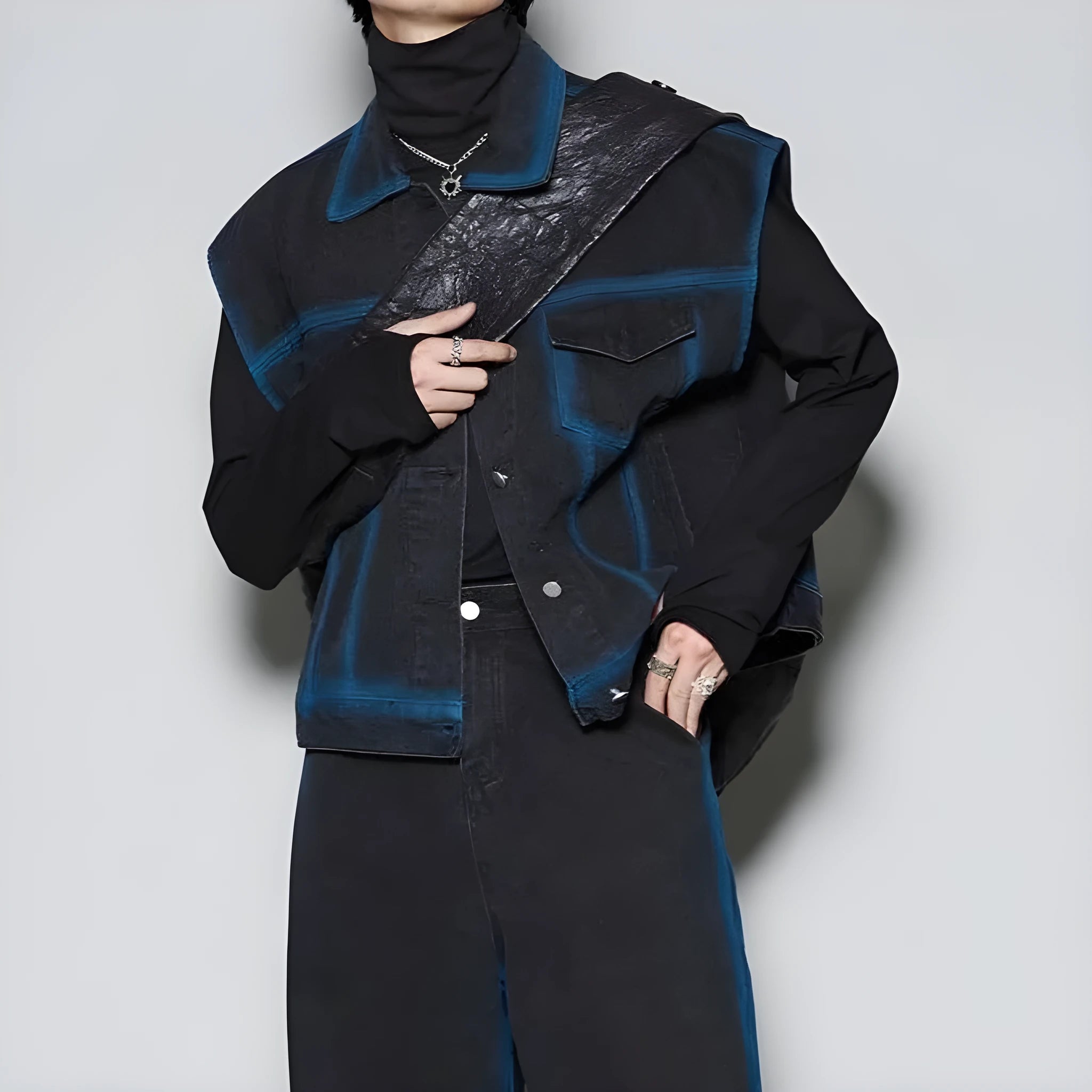 Men's blue distressed denim vest and jeans two-piece suit set with fleece lining on a mannequin.