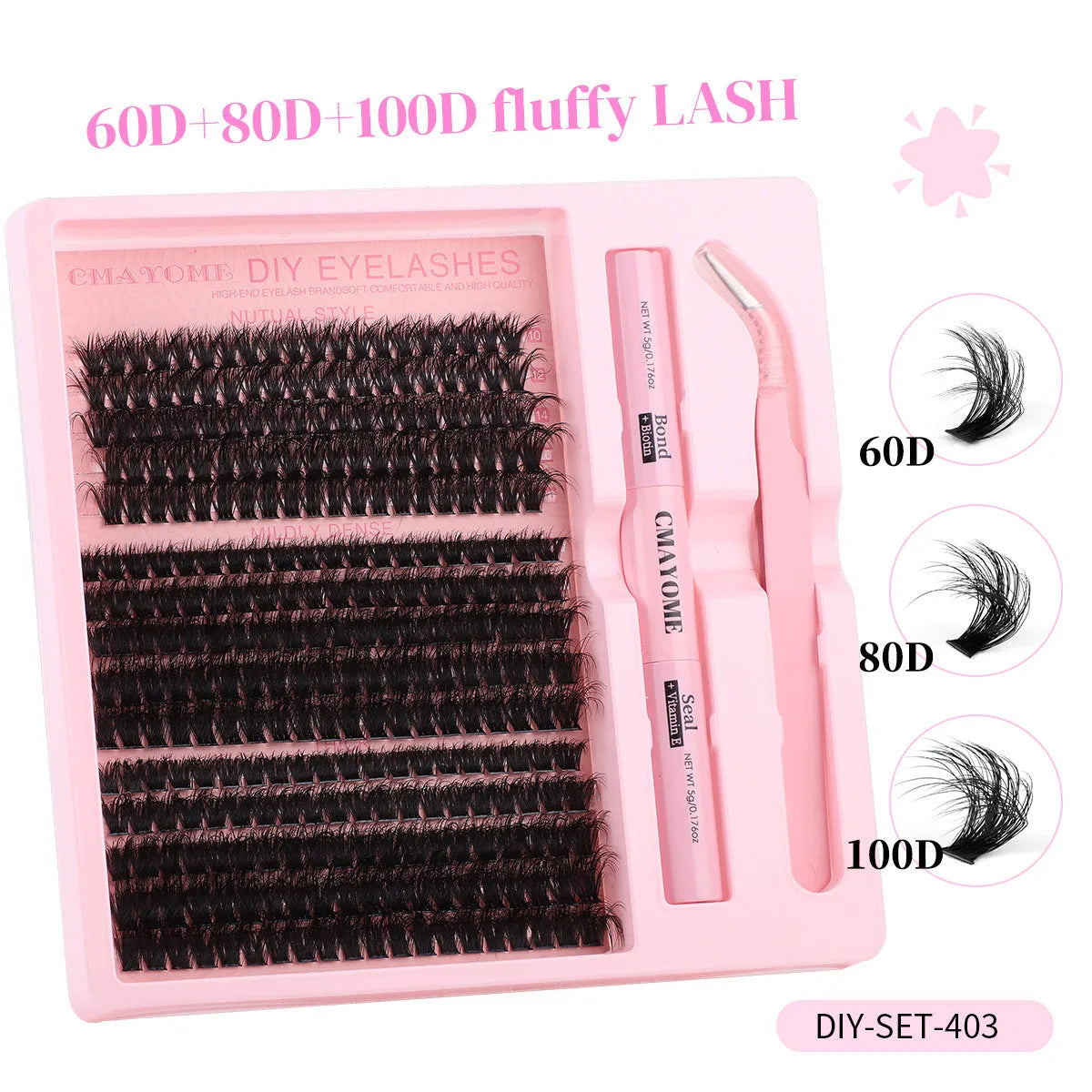 DIY false eyelashes extension suit showing segment single clusters and eyelash tweezers on packaging.