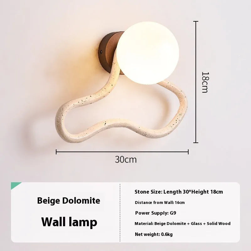 Cream middle ancient style wall lamp with 30cm travertine glass shade on solid wood base