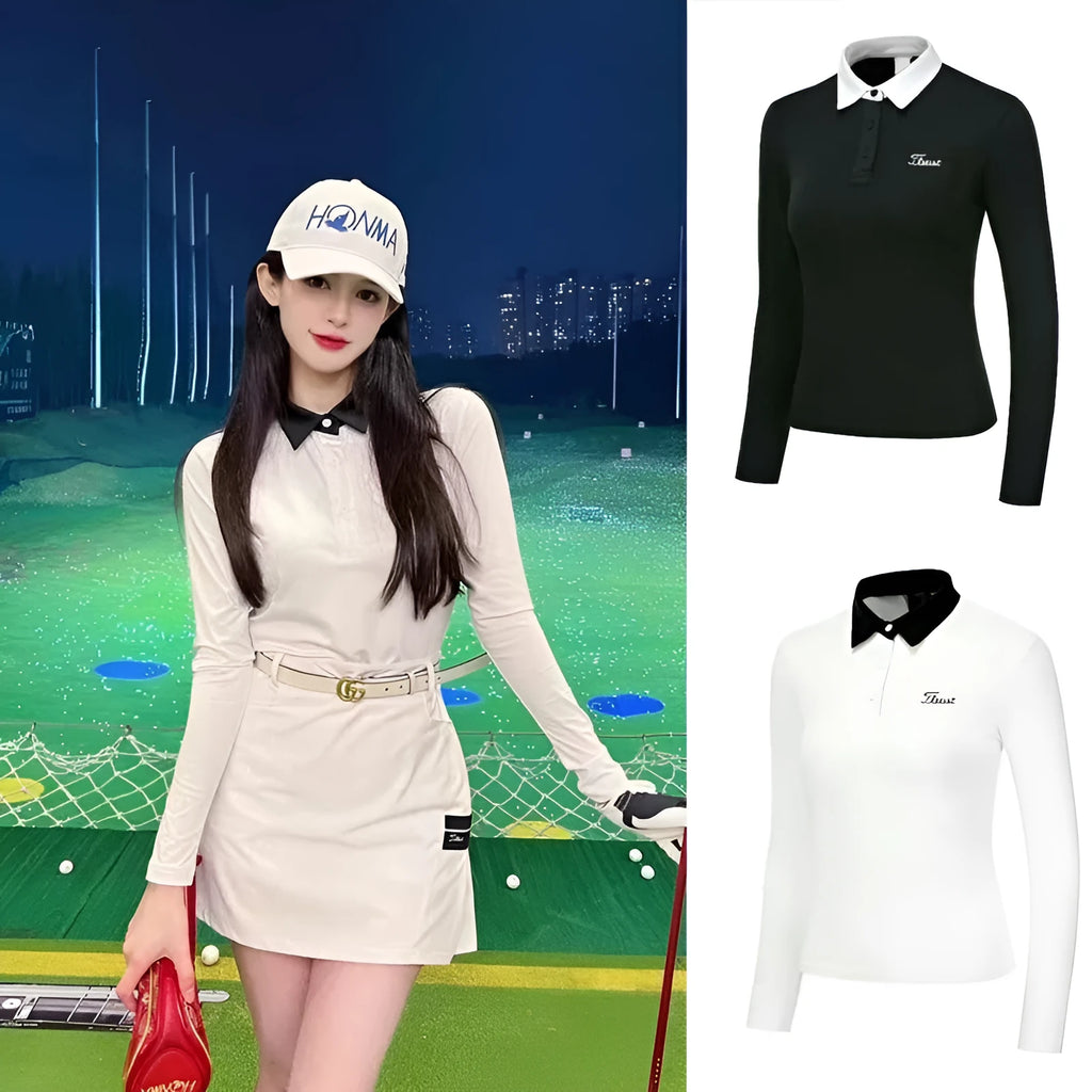 Women's white slim fit long sleeve polyester golf top on a hanger.
