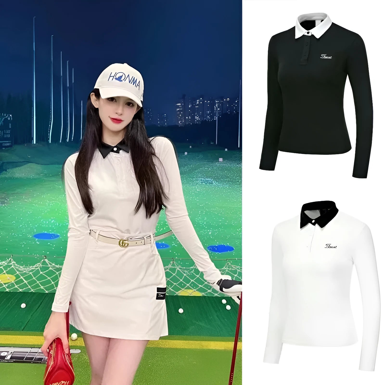 Women's white slim fit long sleeve polyester golf top on a hanger.
